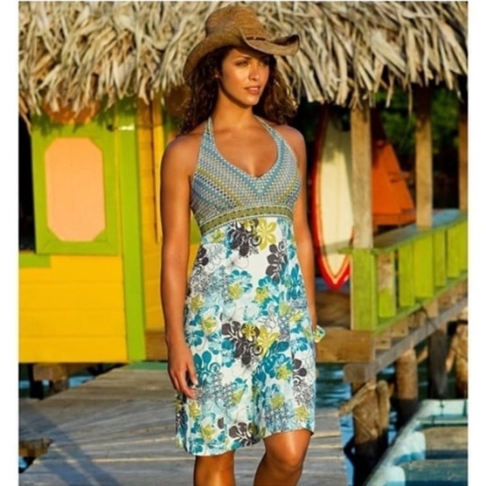Athleta Blue Green Floral Halter Midi Dress